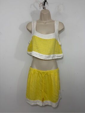 Haute Hippie Yellow and White Linen blend Set large crop top shorts